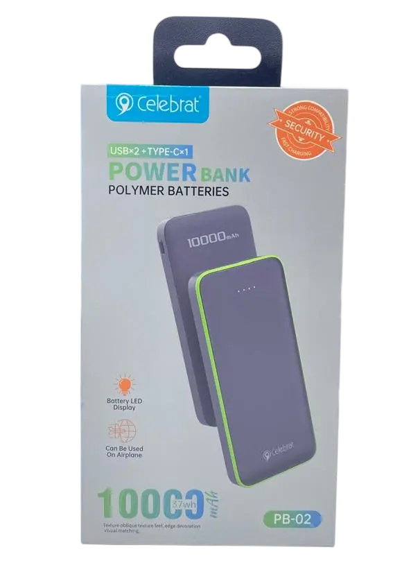 CELEBRAT POWER BANK POLYMER BATTERIES USBx2+TYPE-Cx1 37wh 10000mAh  PB-02